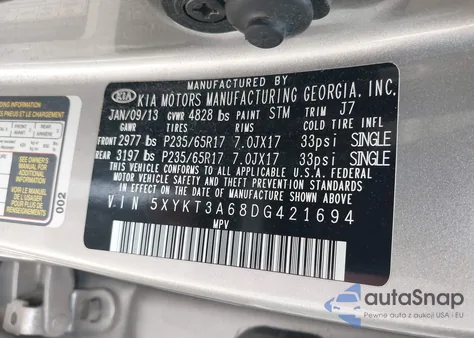 2013 Kia Sorento Lx из США, поврежденный, VIN 5XYKT3A68DG421694